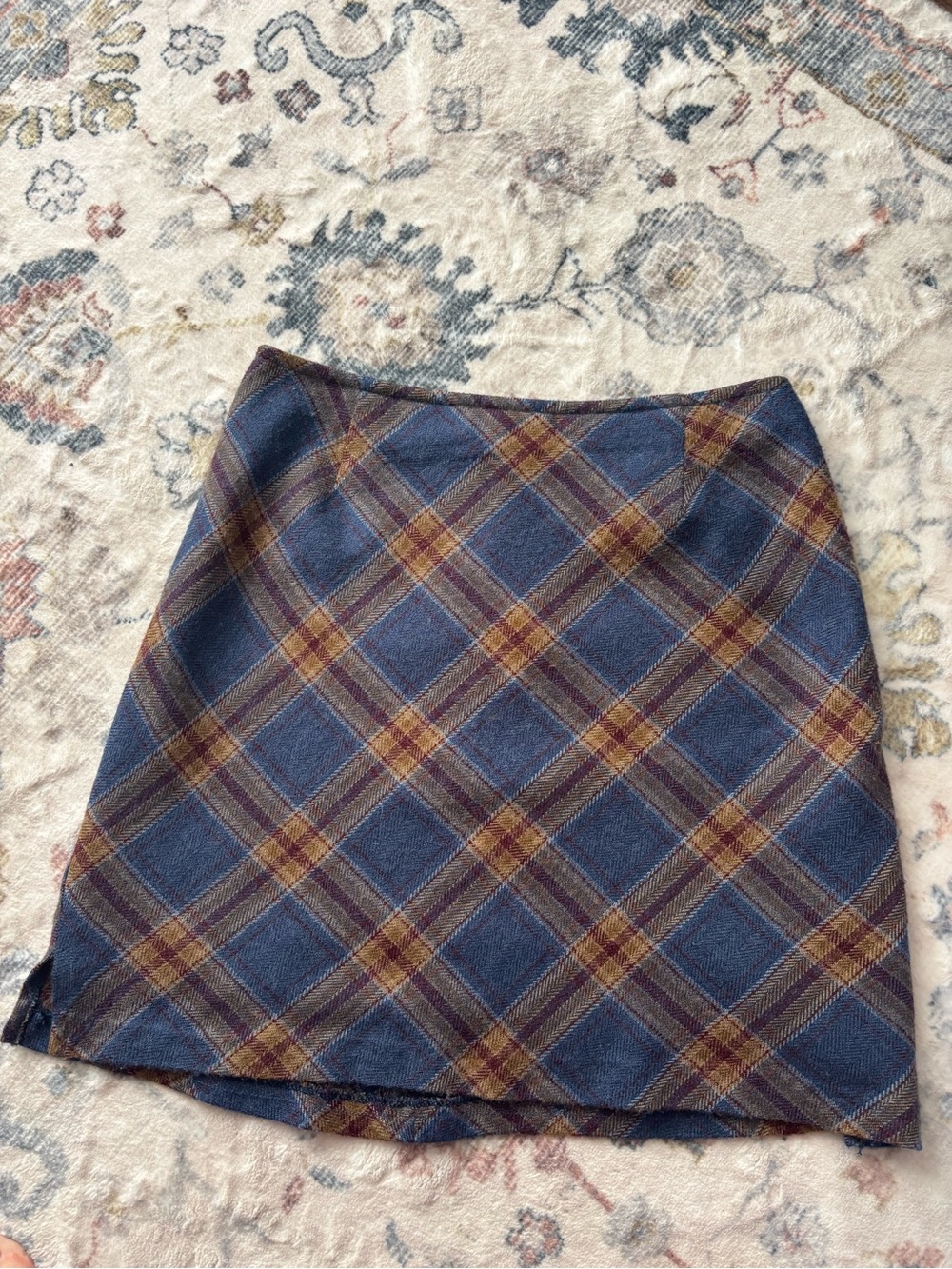 Garoche Plaid A-Line Mini Skirt in Blue and Brown wool Canadian made